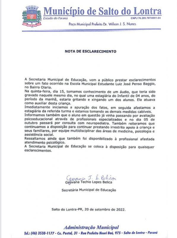 Secretaria de Educação emite nota sobre fato ocorrido em Escola