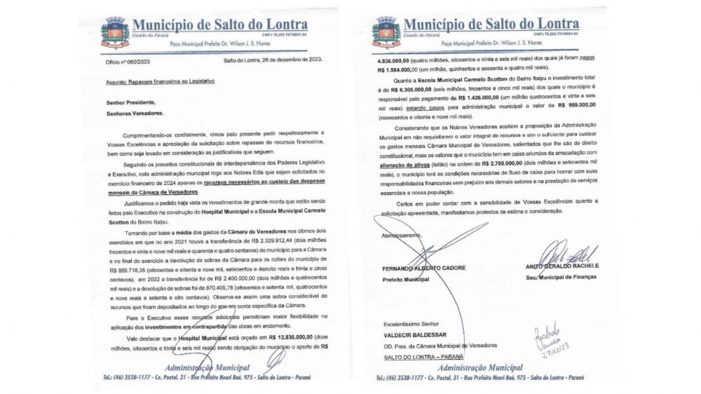 Administração Municipal encaminha Ofício à Câmara de Vereadores