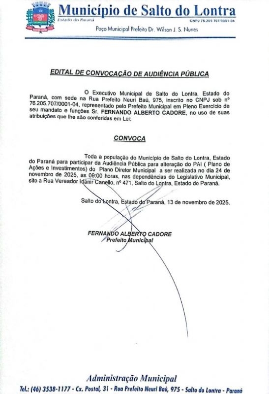 Administrao Municipal convoca populao para Audincia Pblica
